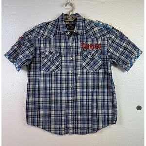 NR New Rich Mens Shirt Sz L Blue Plaid Embroidered Graphic Short Sleeve Rock